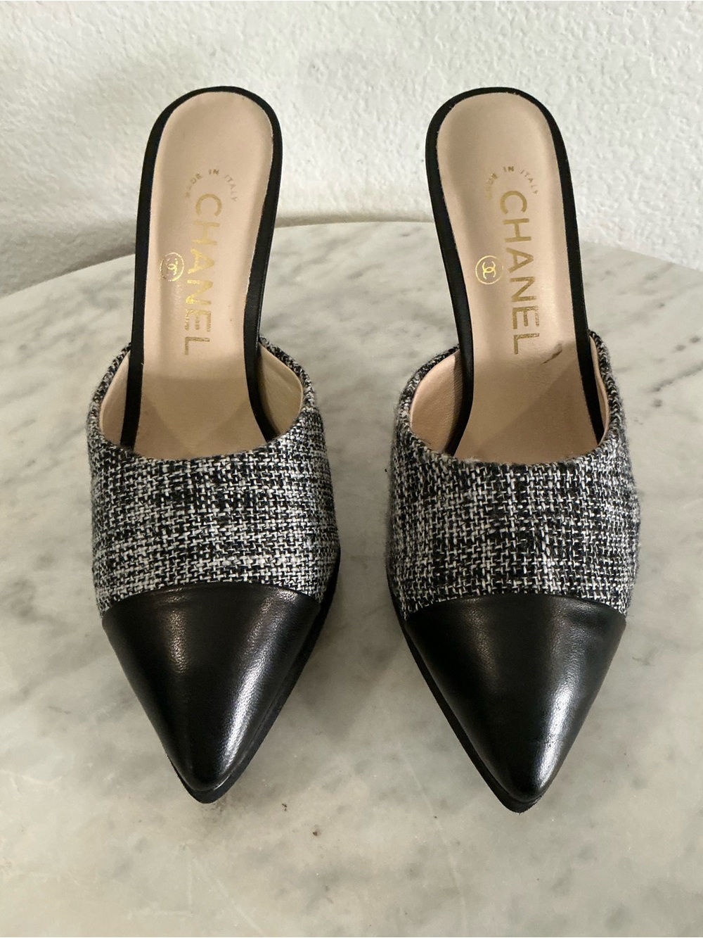 CHANEL Black Tweed & Leather Pointed Mules with Gold Logo